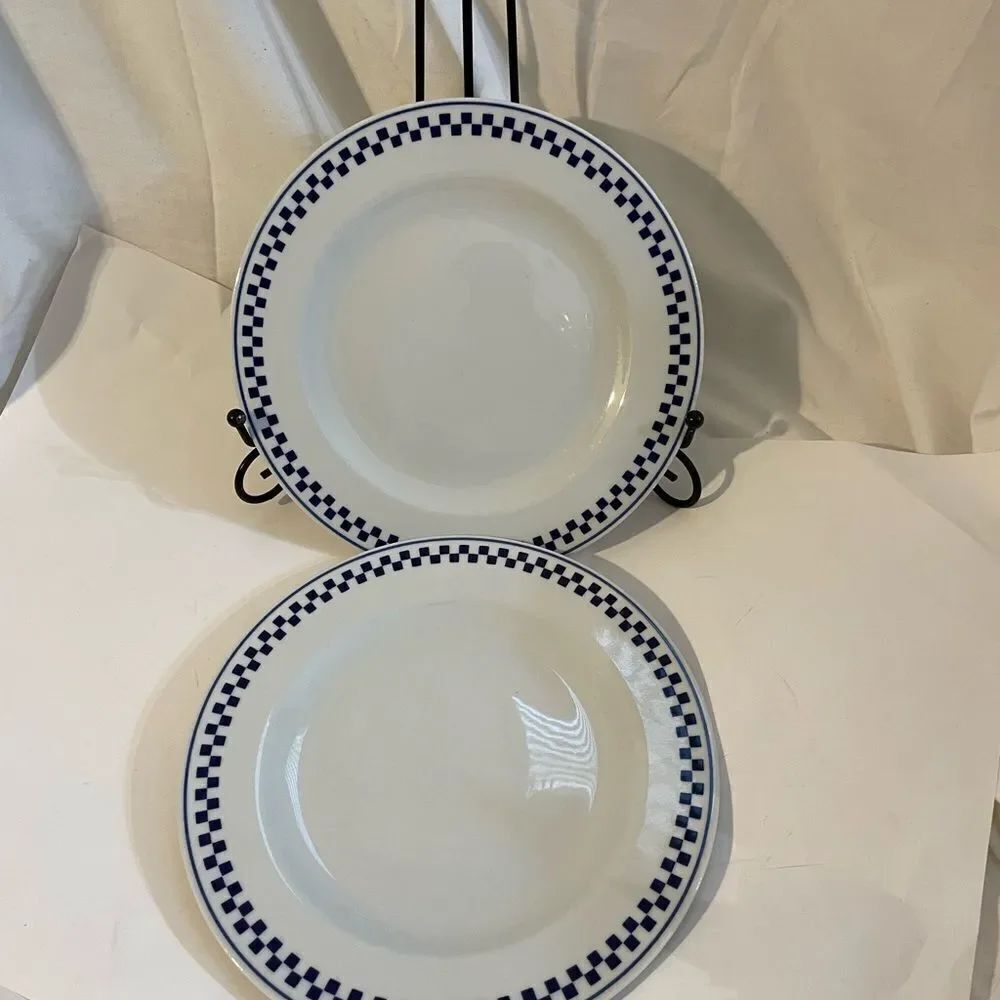 Set of 2 PORCELLANE TOGNANA ITALY BLUE CHECKERED RIM Salad Plates.8.25”